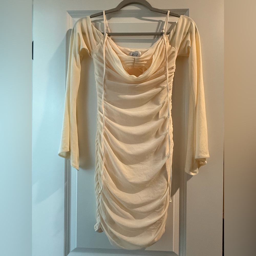 Oh Polly Cream Long Sleeve Ruched Dress